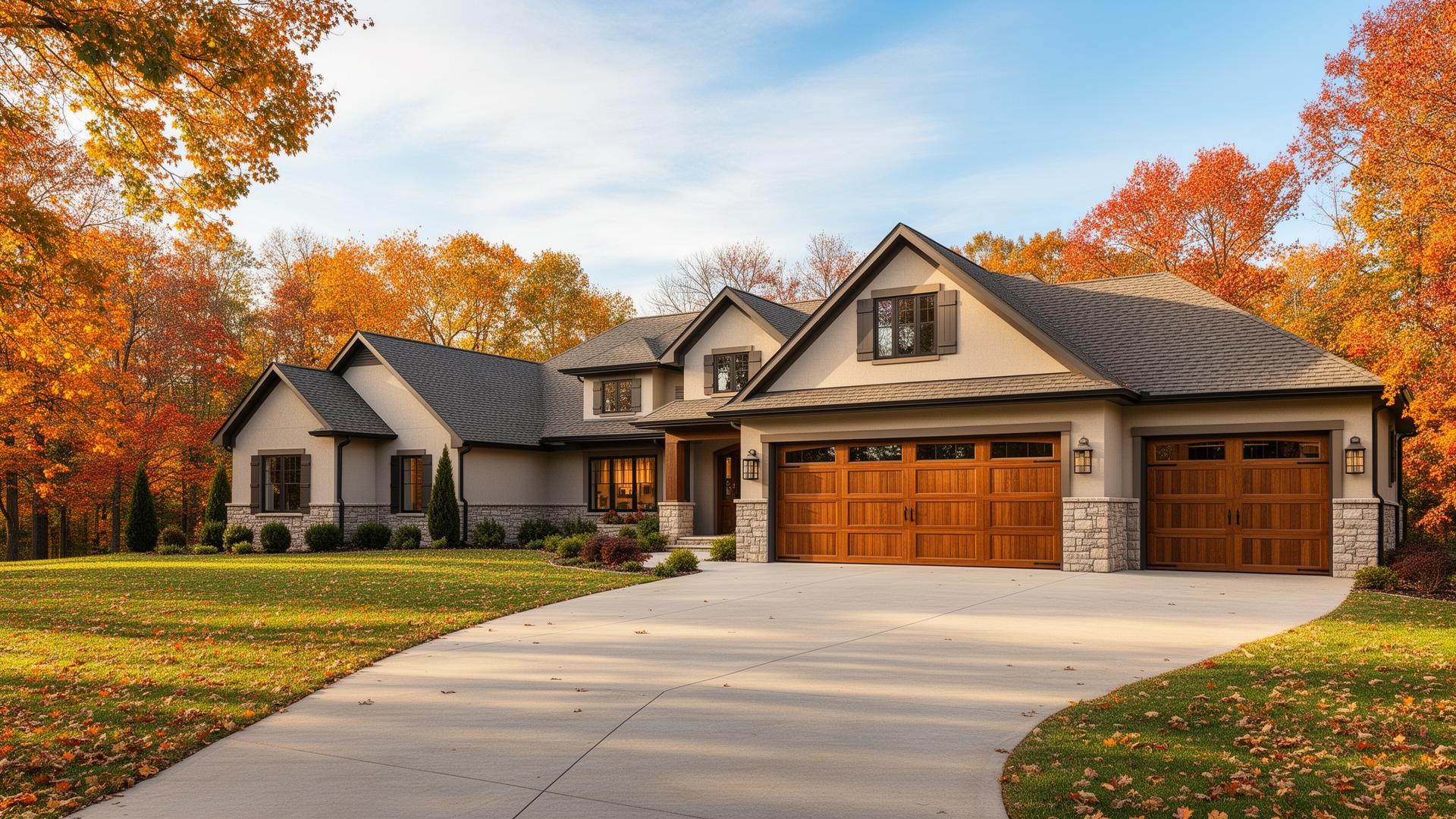 Premium insulated steel garage doors with wood overlay on a beautiful ranch-style home